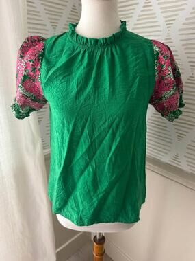THML Womenms XS Green Mock Neck Blouse Top with Pink Embroidered Puff Sleeves